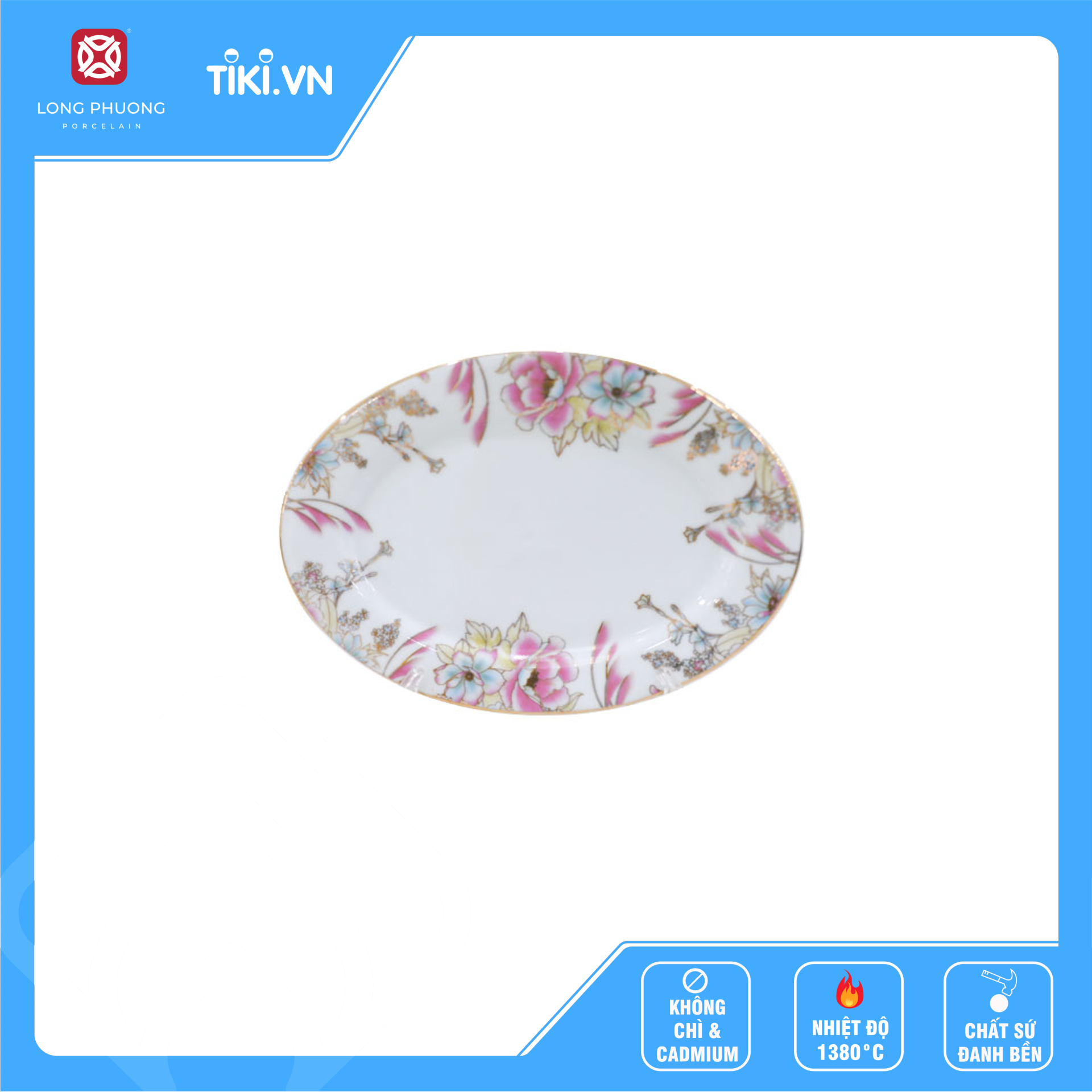 Đĩa xoài sứ Long Phương họa tiết bông lau hồng mạ viền vàng