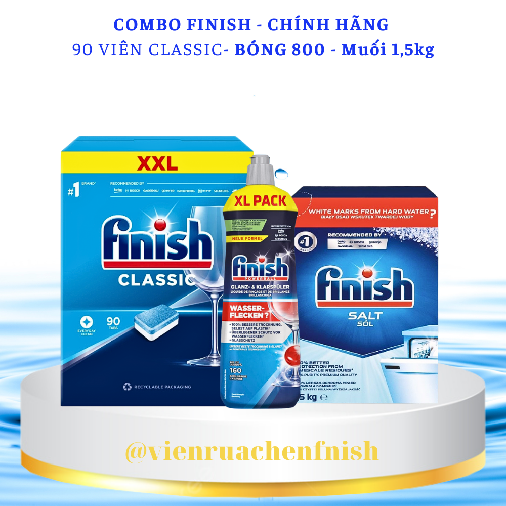 Combo muối rửa bát Finish 1,5kgviên rửa bát Finish 120 viênNước làm bóng bát chén finish 800ml – Combo muối 1.5kgbóng 800ml 90 viên finish classic