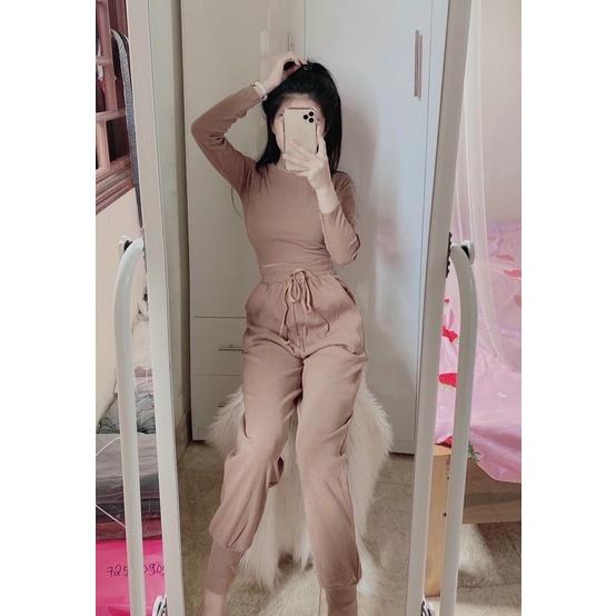 TBL-Set bộ thể thao tay dài thun dẻo áo croptop quần bo ống.đen cam xám nude