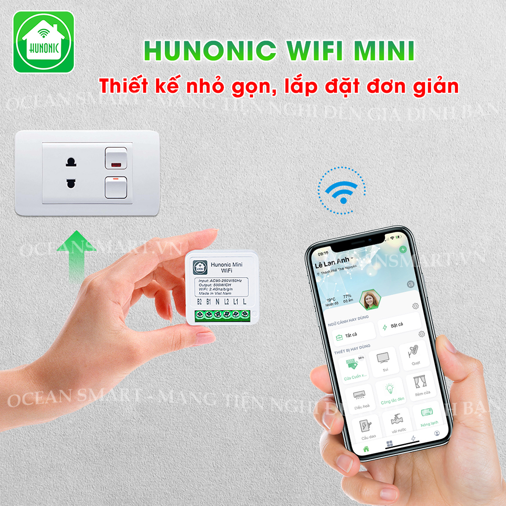 Công Tắc Thông Minh Wifi Hunonic Mini, Công Tắc Điều Khiển Từ Xa Qua Điện Thoại - HNMN02