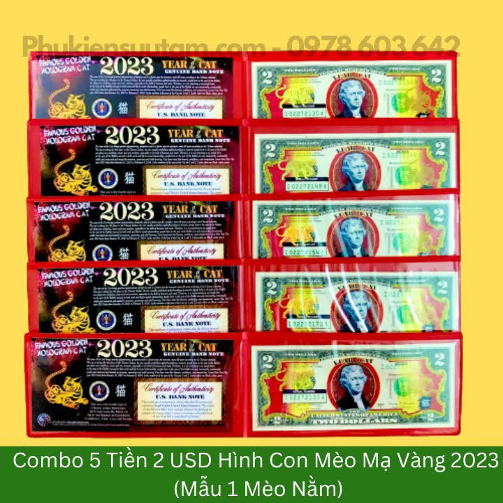 Combo 5 Tờ 2USD Hình Con Mèo Mạ Vàng 2023 (Mẫu 1 Mèo Nằm), kích thước: 16cmx8cm, màu vàng - SP005885