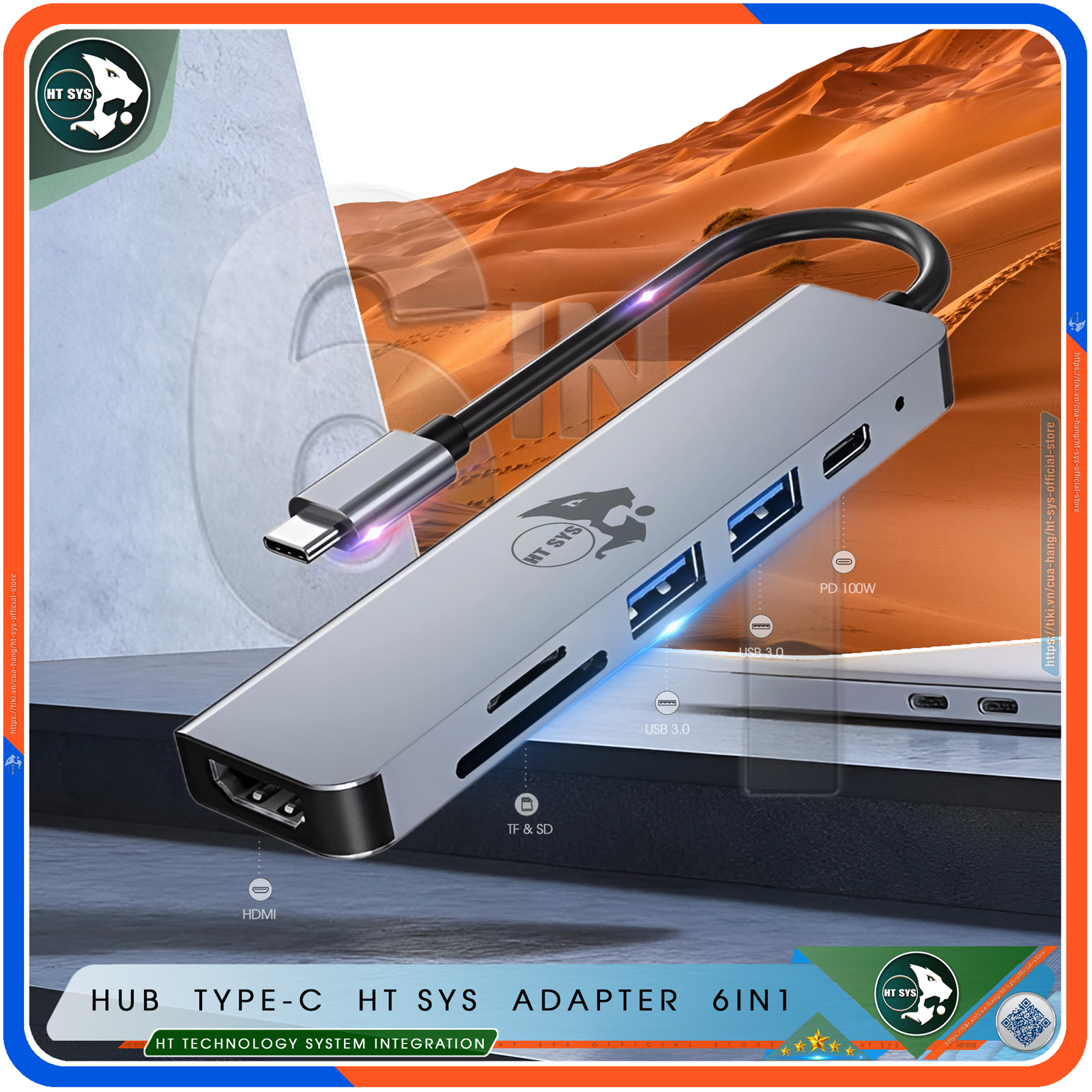 Hub Type C To HDMI HT SYS 6in1 Chuẩn HDTV - Hub Chuyển Đổi USB Type-C 6 Cổng - HDMI 4K, USB 3.0, Sạc Nhanh Type C PD, Khe Đọc Thẻ SD/TF - Kết Nối Tốc Độ Cao - Dành Cho MacBook, Tivi, Laptop, PC, Máy Tính Bảng, Smartphone – Hàng Chính Hãng