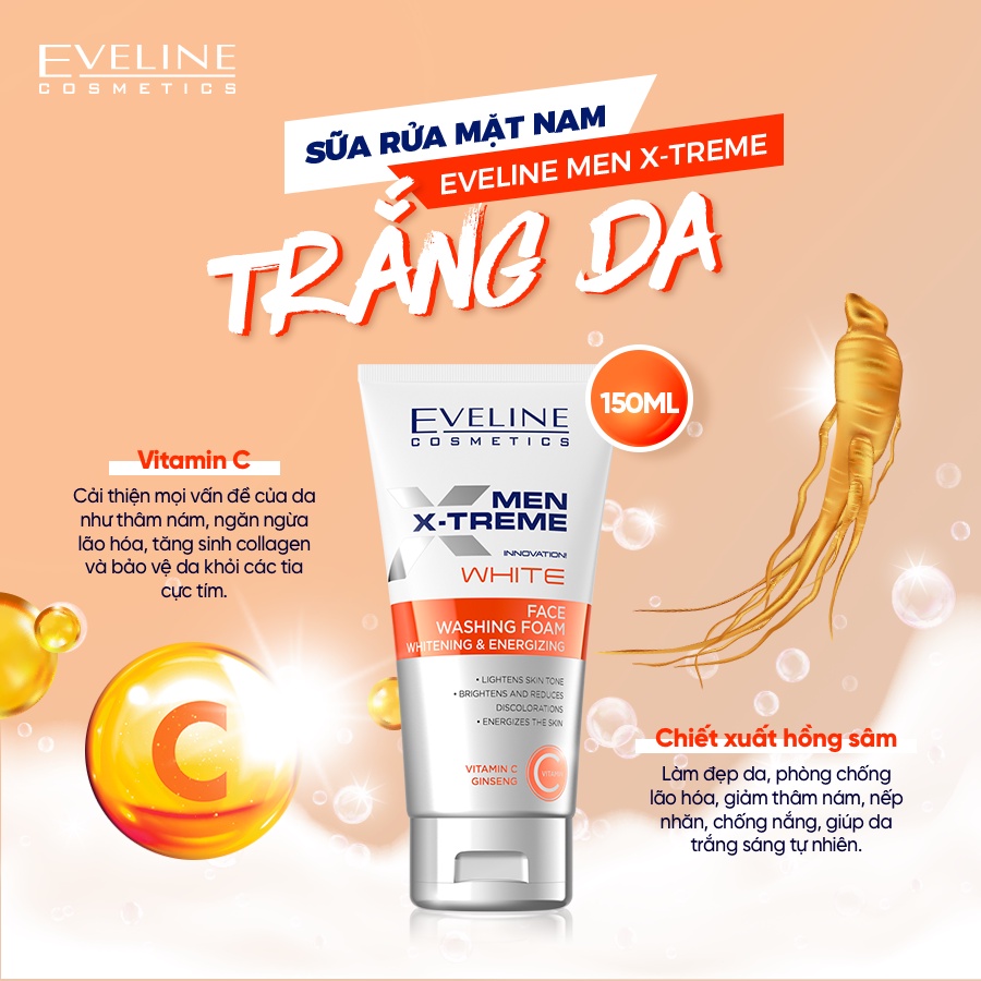 [ Tặng tẩy da chết sáng da ] Sữa rửa mặt nam Eveline Men X-treme trắng da 150ML