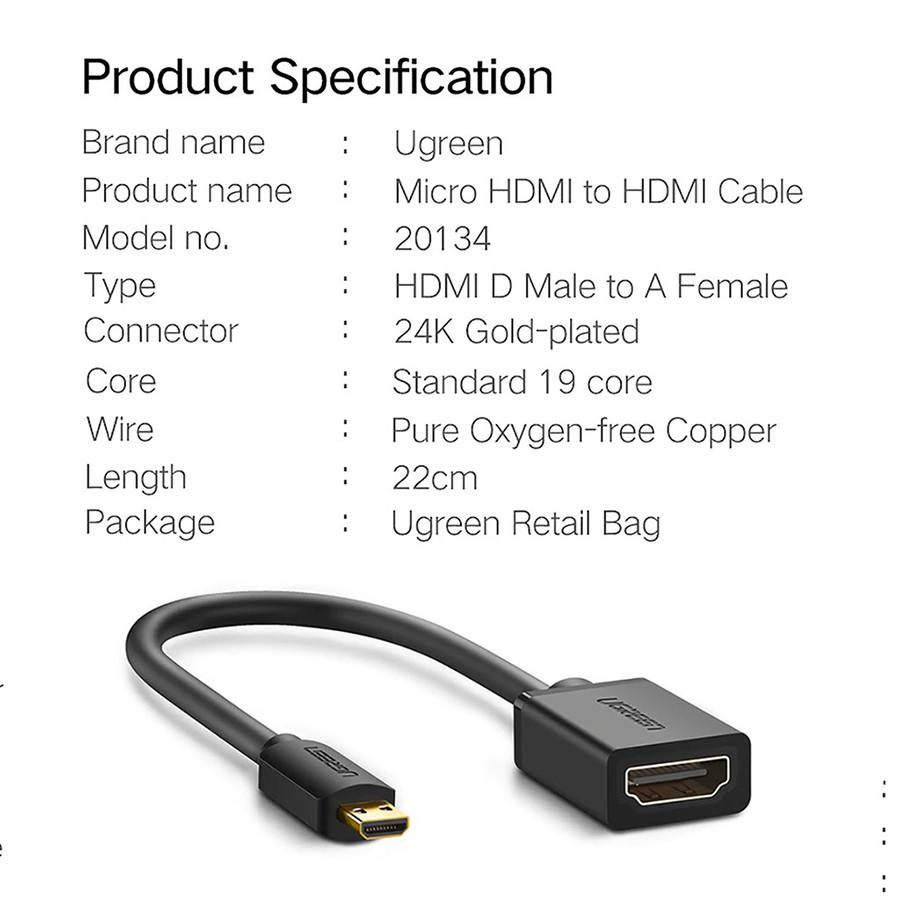 Cáp chuyển đổi Micro HDMI sang HDMI Ugreen 20134 chính hãng -Hàng Chính Hãng