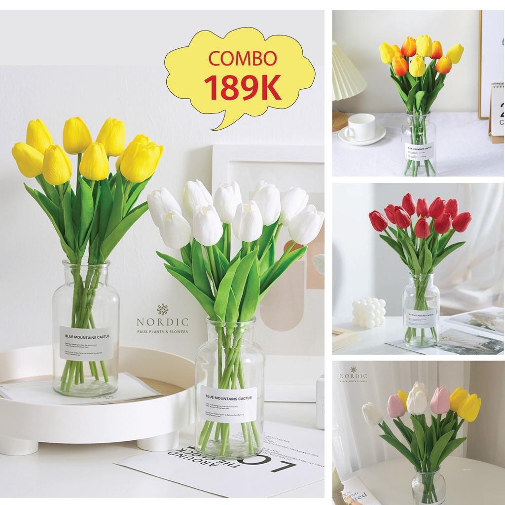 SIÊU HOT - Combo 10 bông tulip PU non + lọ thủy tinh hot trend - trang trí nhà cửa