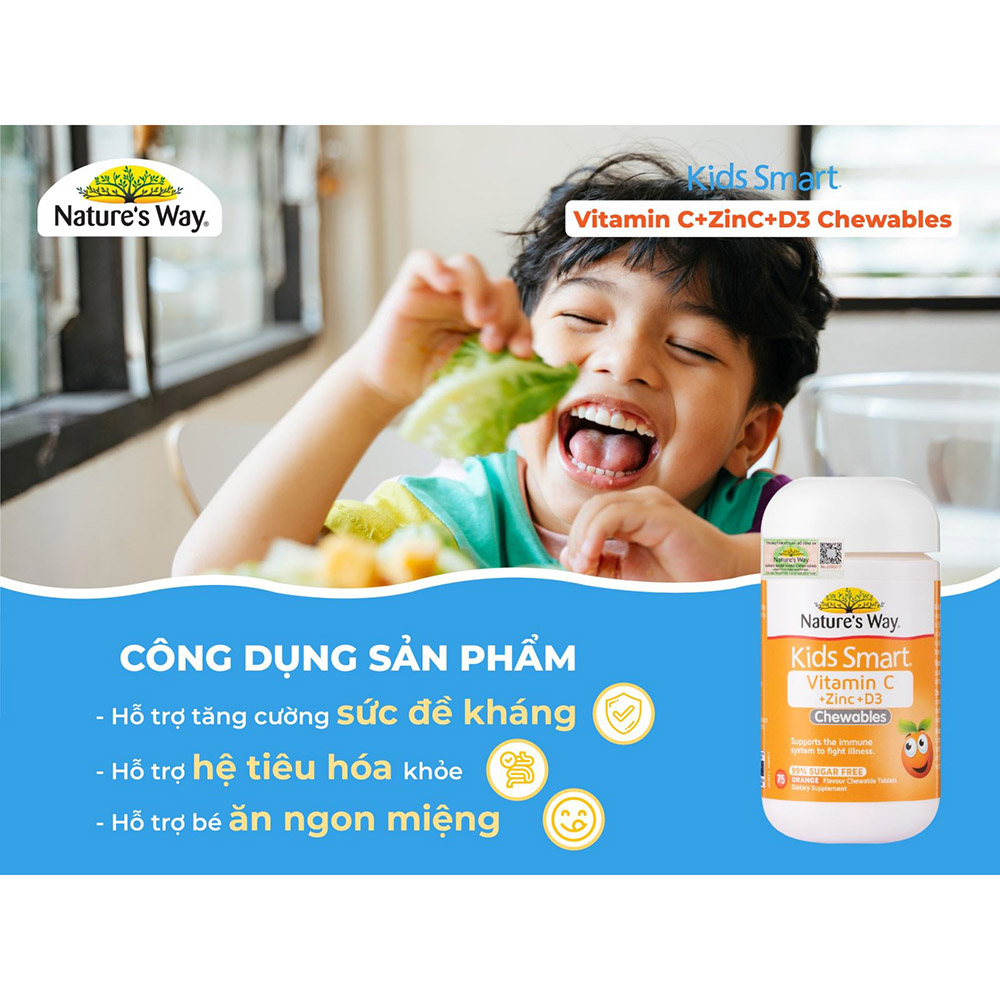 Nature’s Way Kids Smart Vitamin C + Zinc + D3 - Bổ sung Vitamin C, Vitamin D3 và Kẽm cho bé (75 viên/ Lọ)
