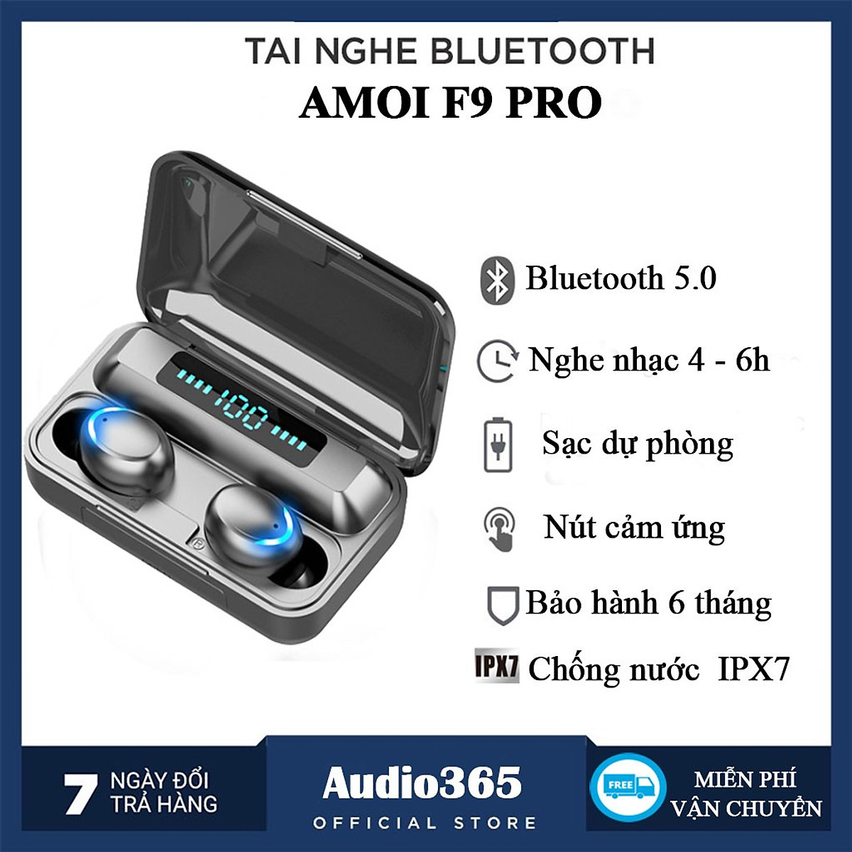 Tai Nghe Bluetooth F9 Pro Cảm Ứng Cao Cấp Tích Hợp Sạc Dự Phòng 2500mAh, Bass Cực Hay, Kháng Nước IPX7 - Hàng Chính Hãng