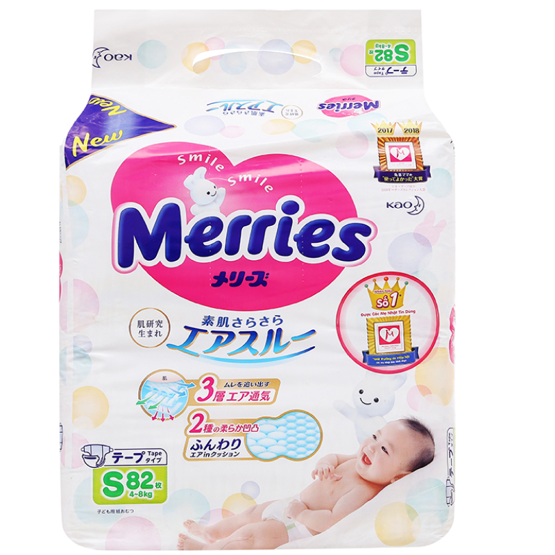 Tã dán Merries size S 82 miếng (cho bé 4 - 8kg)