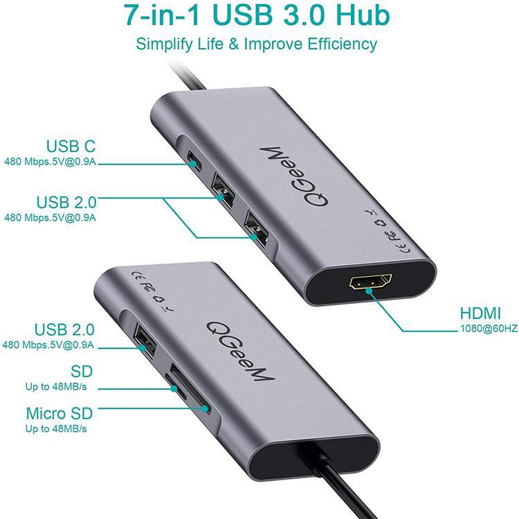 Bộ thiết bị Hub chuyển đổi chia USB 3.0 QGeeM 7 trong 1 4K sang HDMI, 3 x USB-A, 1 x USB-C sạc nhanh PD 100w, 1 khe đọc thẻ SD&amp;TF hỗ trợ HDMI và tương thích với Chromebook Thunderbolt - Hàng Nhập Khẩu