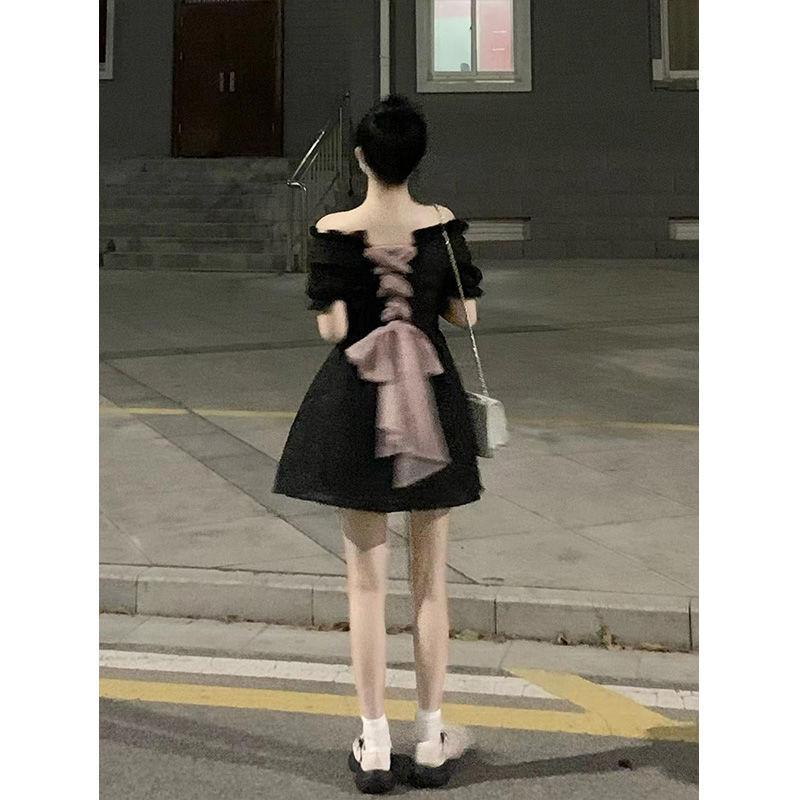 DIYIWEI Pháp vuông cổ ren-up lớn bowknot váy thắt lưng hiển thị gầy một chữ công chúa váy ngắn bong bóng tay áo mùa hè nhỏ