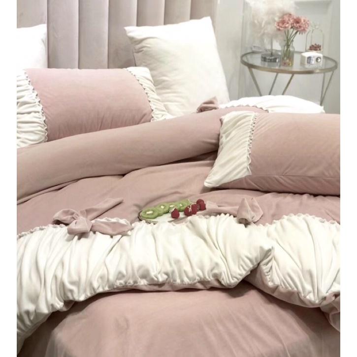 Bộ chăn ga gối nỉ nhung cute siêu xinh cao cấp 4 món