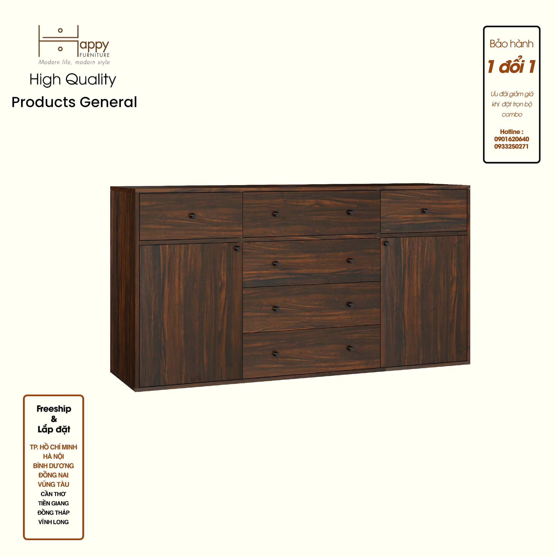 HAPPY FURNITURE , ZACY - Tủ lưu trữ 6 ngăn kéo 2 cửa mở, THK_219 , 160cm x 40cm x 82cm DxRxC, Sản phẩm phổ thông