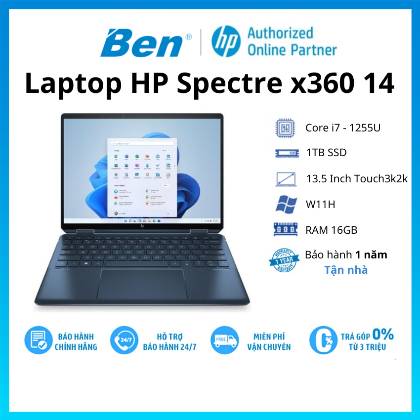 Laptop HP Spectre x360 14-ef0030TU (6K773PA)/ Nocturne Blue/ Intel Core i7-1255U (upto 4.7 GHz, 12MB)/ RAM 16GB/ 1TB SSD/ Intel Iris Xe Graphics/ 13.5inch Touch3k2k/ 4 Cell/ W11H/ 1Yr - hàng chính hãng