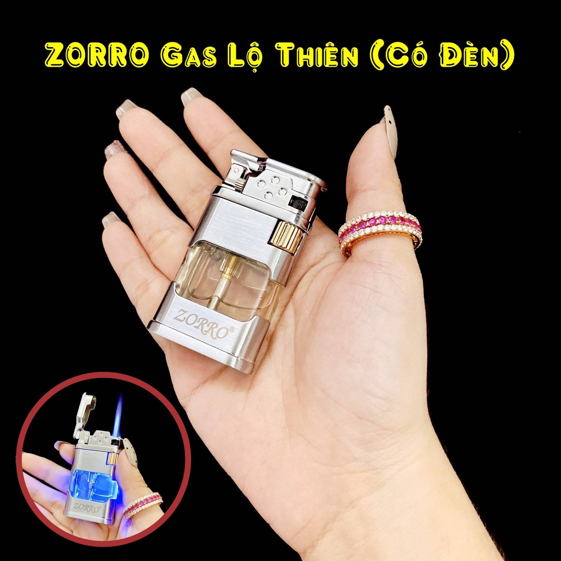 Hộp quẹt bật lửa Zorro gas lộ thiên (có đèn) - (xài gas)