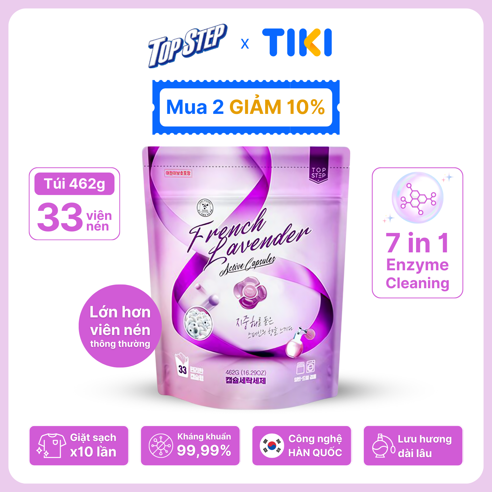 Viên giặt xả Top Step hương Lavender nồng nàn gói 33 viên (462g)