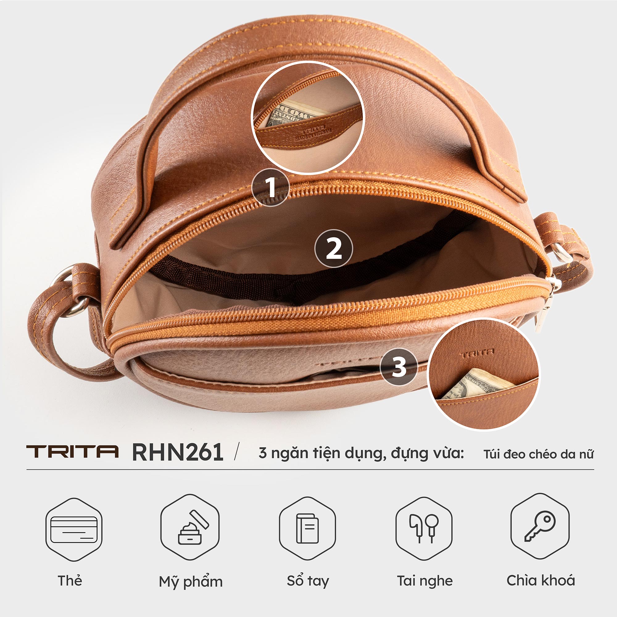 Túi Trita ( Thời trang nữ dáng tròn - Túi đeo chéo da RHN261 )