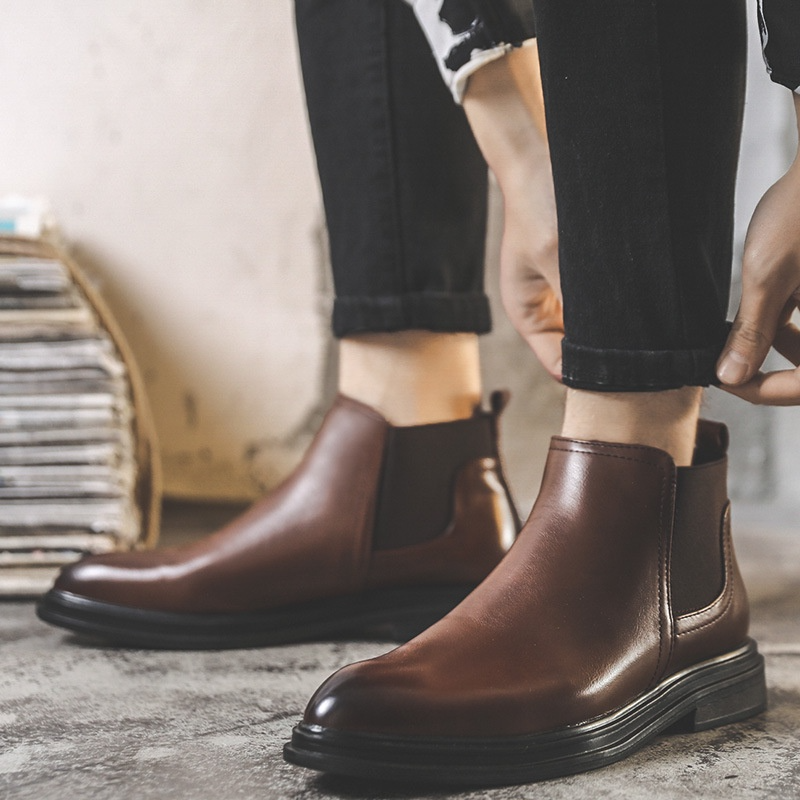 Giày Chelsea Boots Nam Cổ Lửng Màu Đen, Nâu Da Bò Nguyên Tấm Nhập Khẩu Đế Cao Su Đúc Nguyên Khối