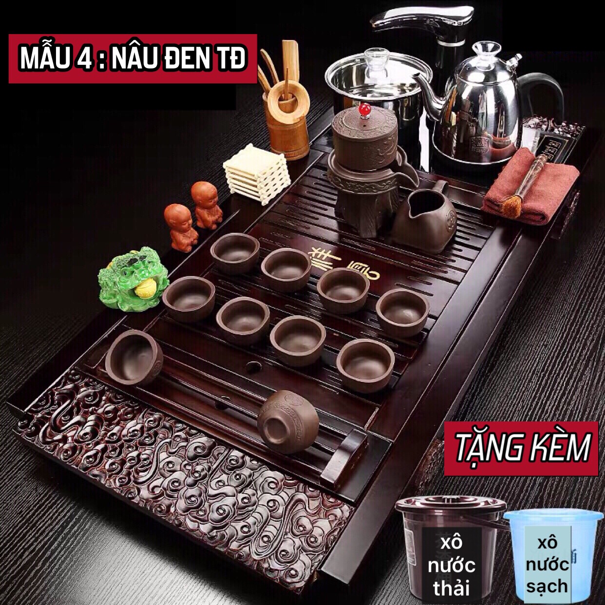 Bộ bàn pha trà điện ,bếp đun nước cảm ứng tự động thông minh đa năng inox ,khay trà đạo nan gỗ ,Ấm chén cối xay độc lạ -06 Tặng kèm xô nhựa đựng nước