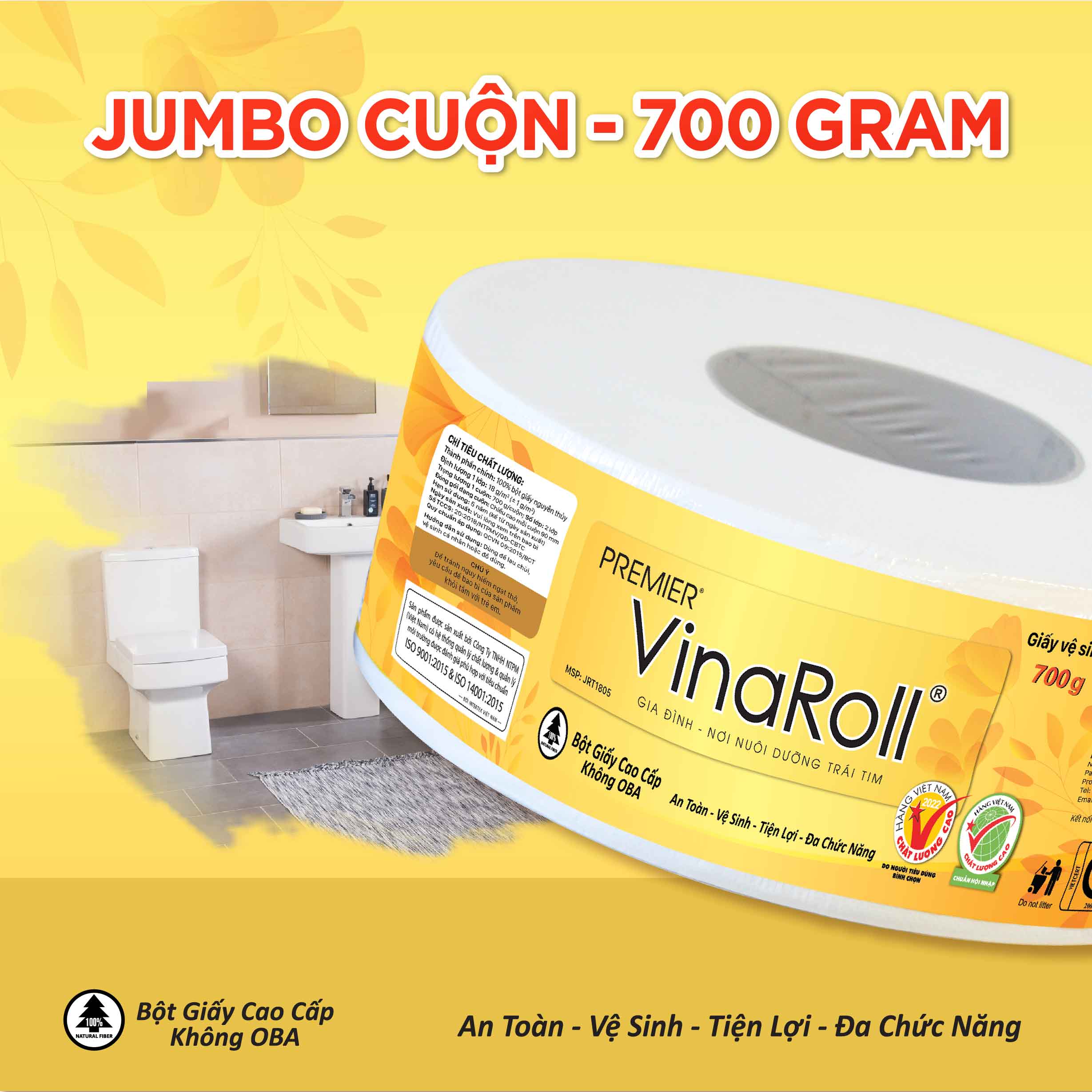 Giấy vệ sinh PREMIER VinaRoll Jumbo 700G - combo 5 cuộn (Giấy vệ sinh cuộn lớn)