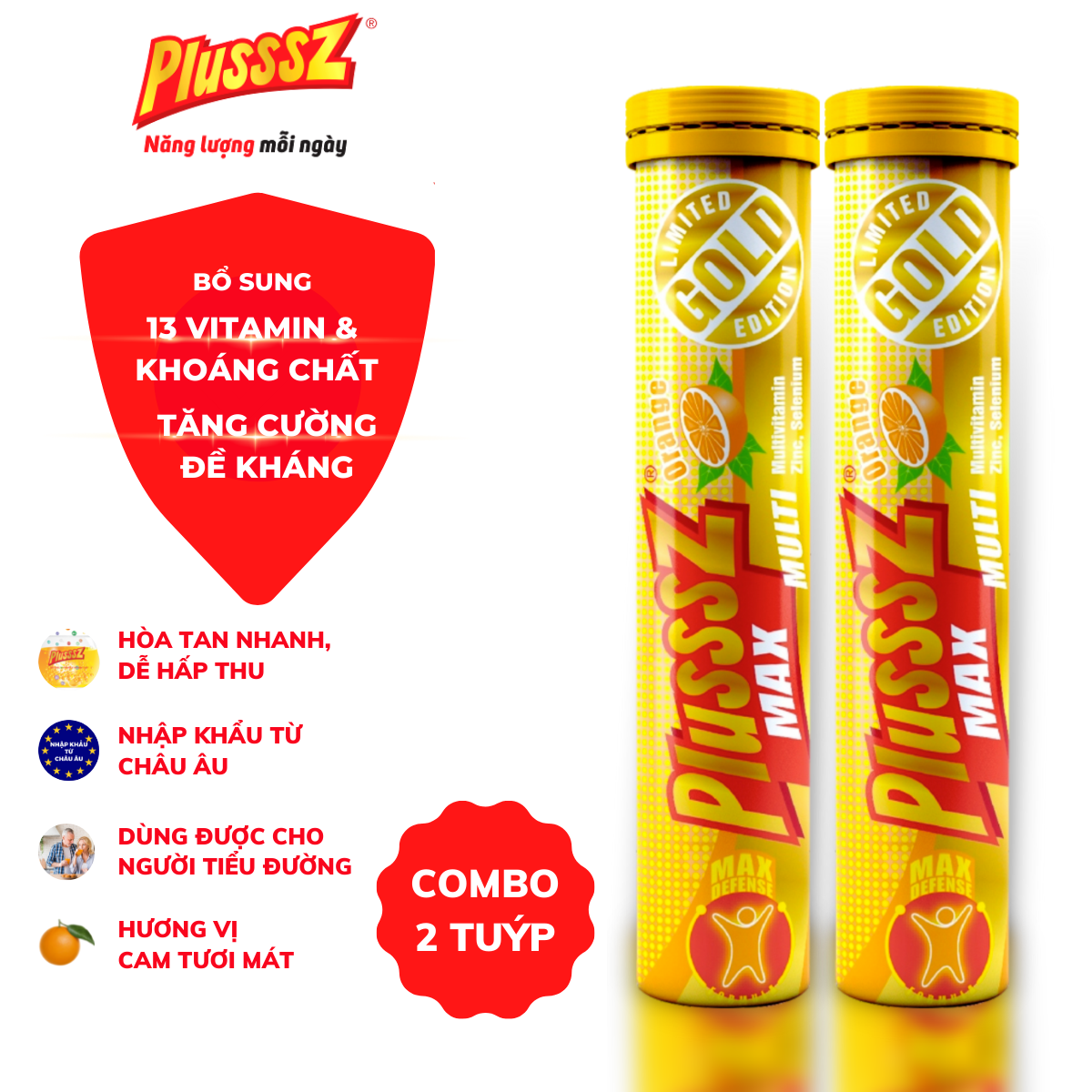 {COMBO2TUYP} Viên sủi Plusssz Max Multivitamin hương vị Cam không đường bổ sung vitamin C và khoáng chất dạng hòa tan, dễ hấp thu hỗ trợ tăng cường đề kháng, vững vàng sức khỏe (Tuýp 20 viên sủi).