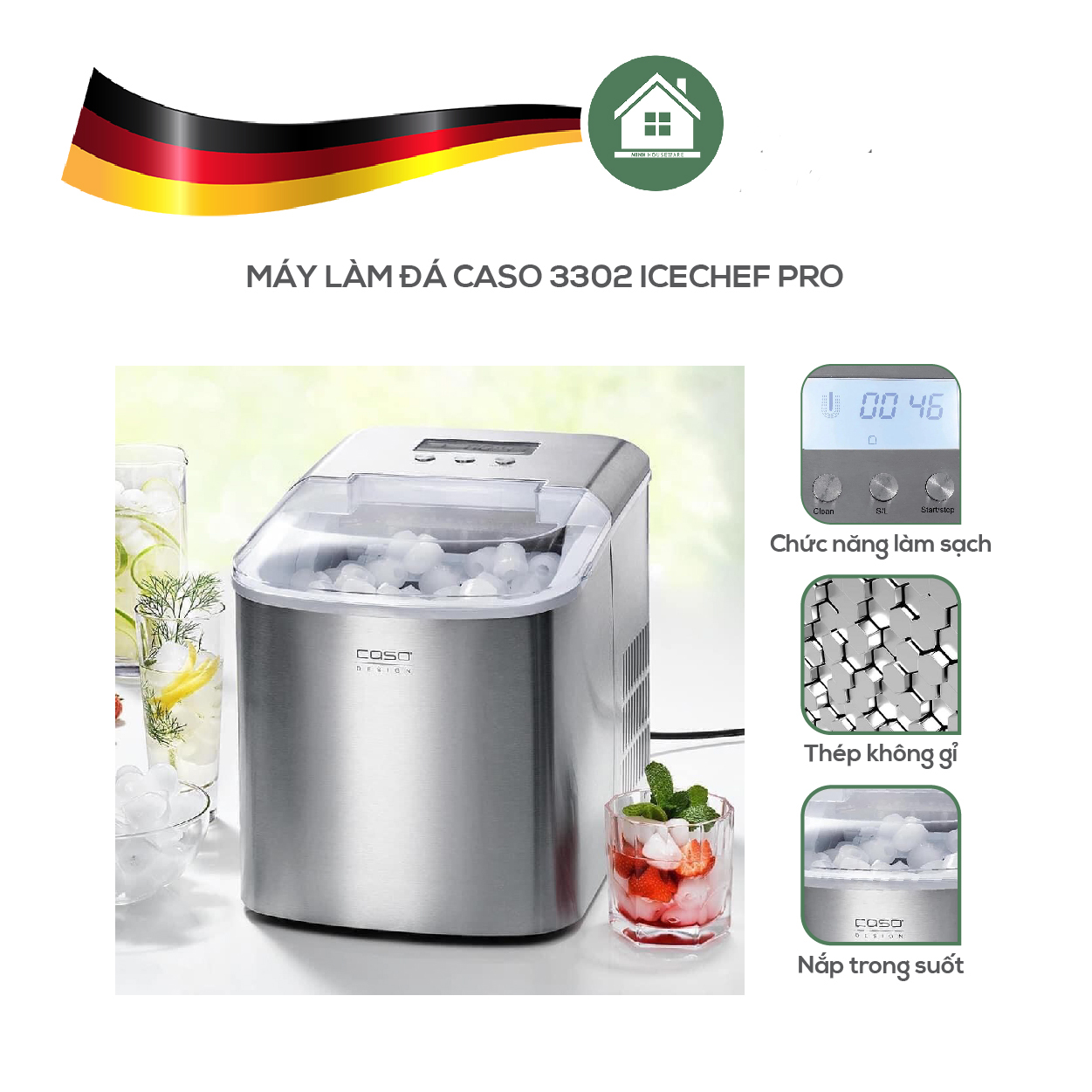 Máy Làm Đá Tự Động CASO Icechef Pro 3302 - Hàng Nhập Khẩu Đức - Giao Hàng Toàn Quốc