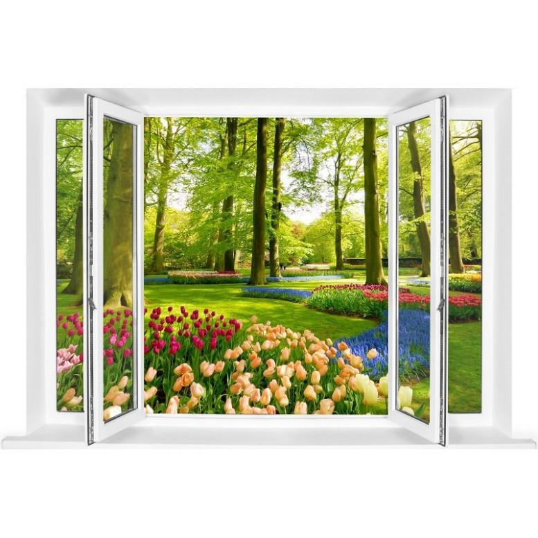 Tranh dán tường cửa sổ 3D cảnh vườn hoa N-0033