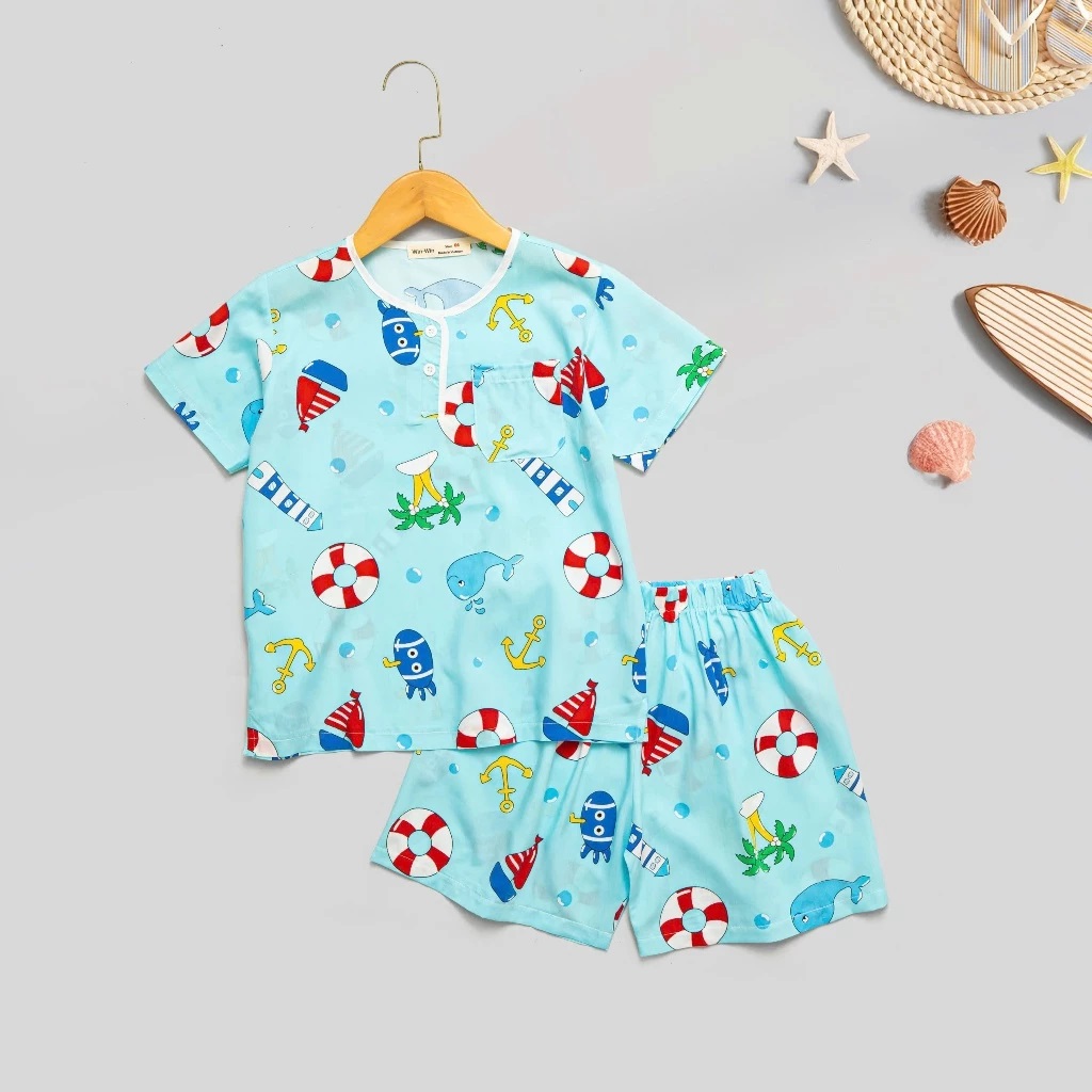 Bộ Pyjama Bé Trai, Đồ Bộ Ngủ Bé Trai Ngắn Tay Chất Tôn Mềm Mát Thoải Mái Mặc Ở Nhà Hoạ Tiết Biển Từ 8-40kg Dành Cho Bé Trai