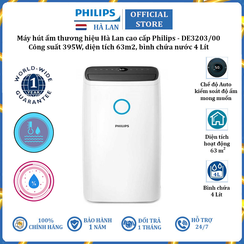 Máy hút ẩm thương hiệu Philips DE3203/00, công suất 395W, diện tích sử dụng 63m2 - Hàng chính hãng