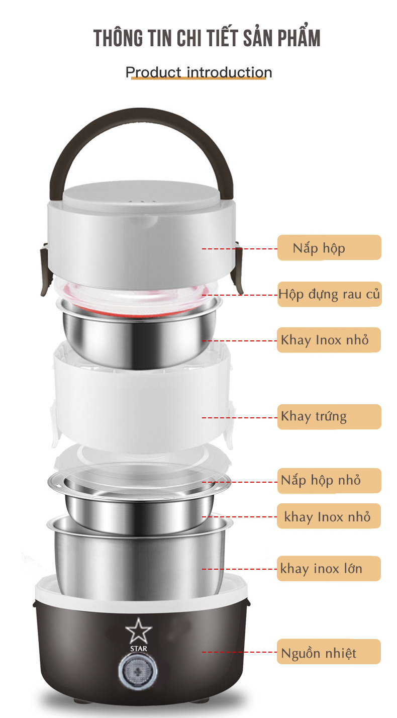 Hộp cơm hâm nóng điện 3 tầng inox cao cấp