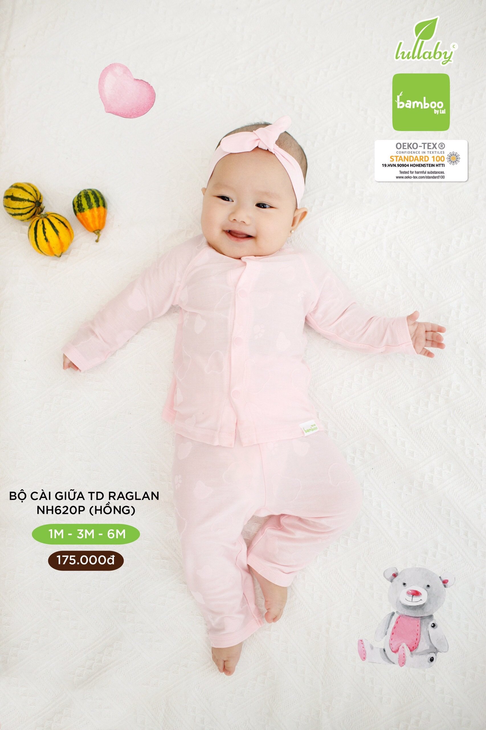 Bộ quần áo cài giữa tay dài sợi tre Lullaby Raglan NH620P Bamboo Newborn Búp Tre Non cho bé 3m 6m