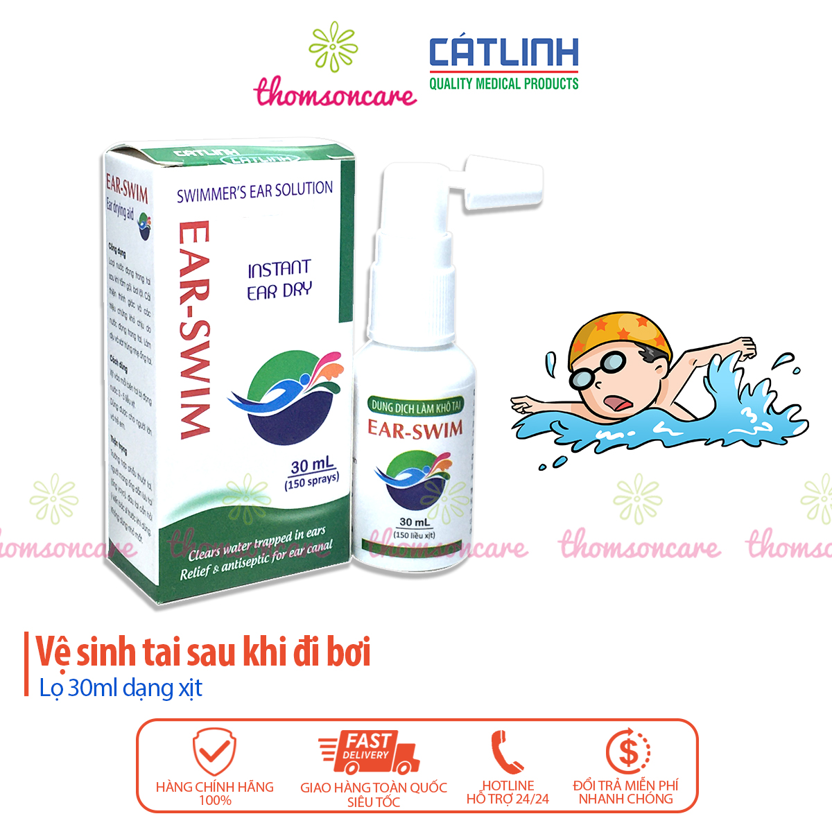 Ear Swim - Dạng xịt tiện dụng, rửa tai sau khi đi bơi, vệ sinh tan ráy taii của dược Cát Linh