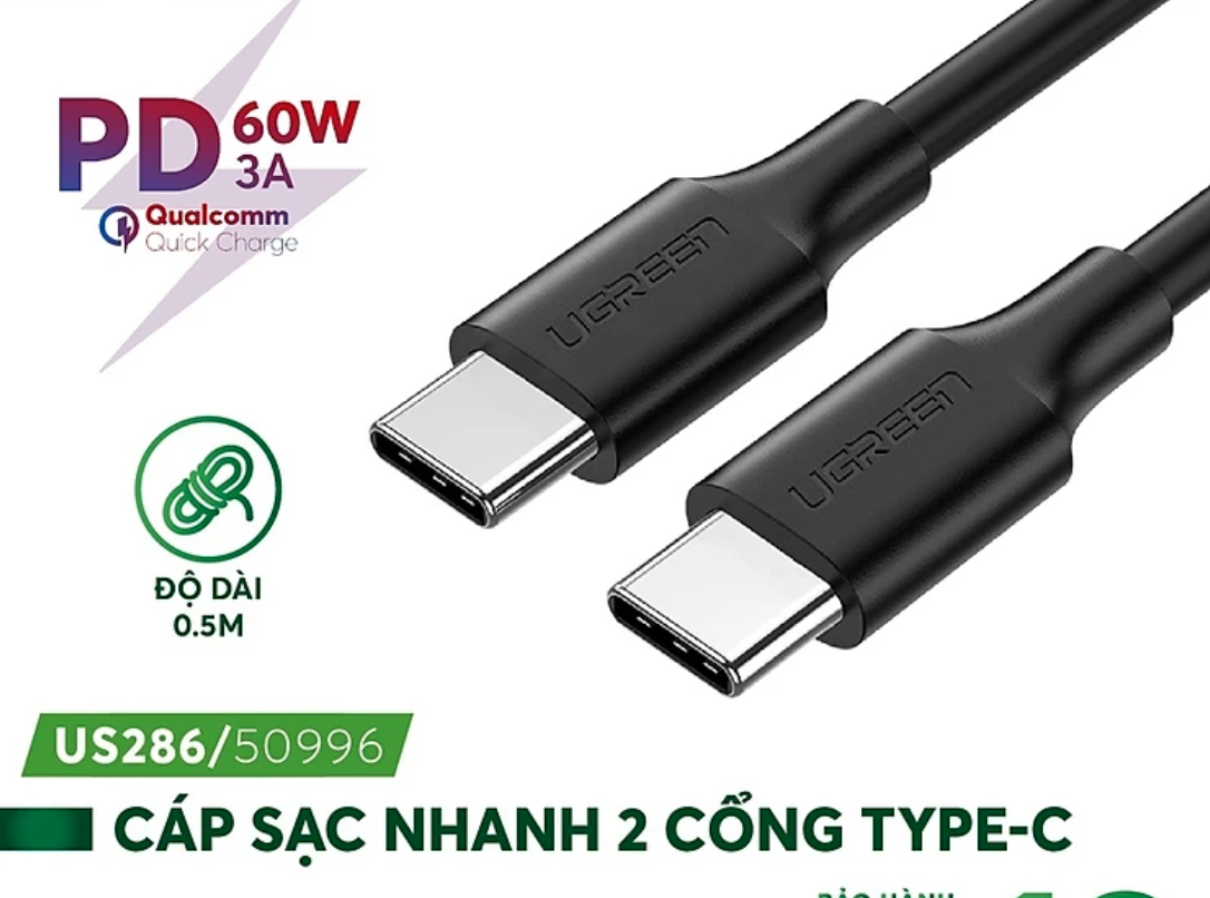 Cáp sạc USB C sang USB C Dài 0,5m Ugreen 50996 (Sạc nhanh 60W - Tốc độ truyền 480Mbps) - Hàng Chính Hãng