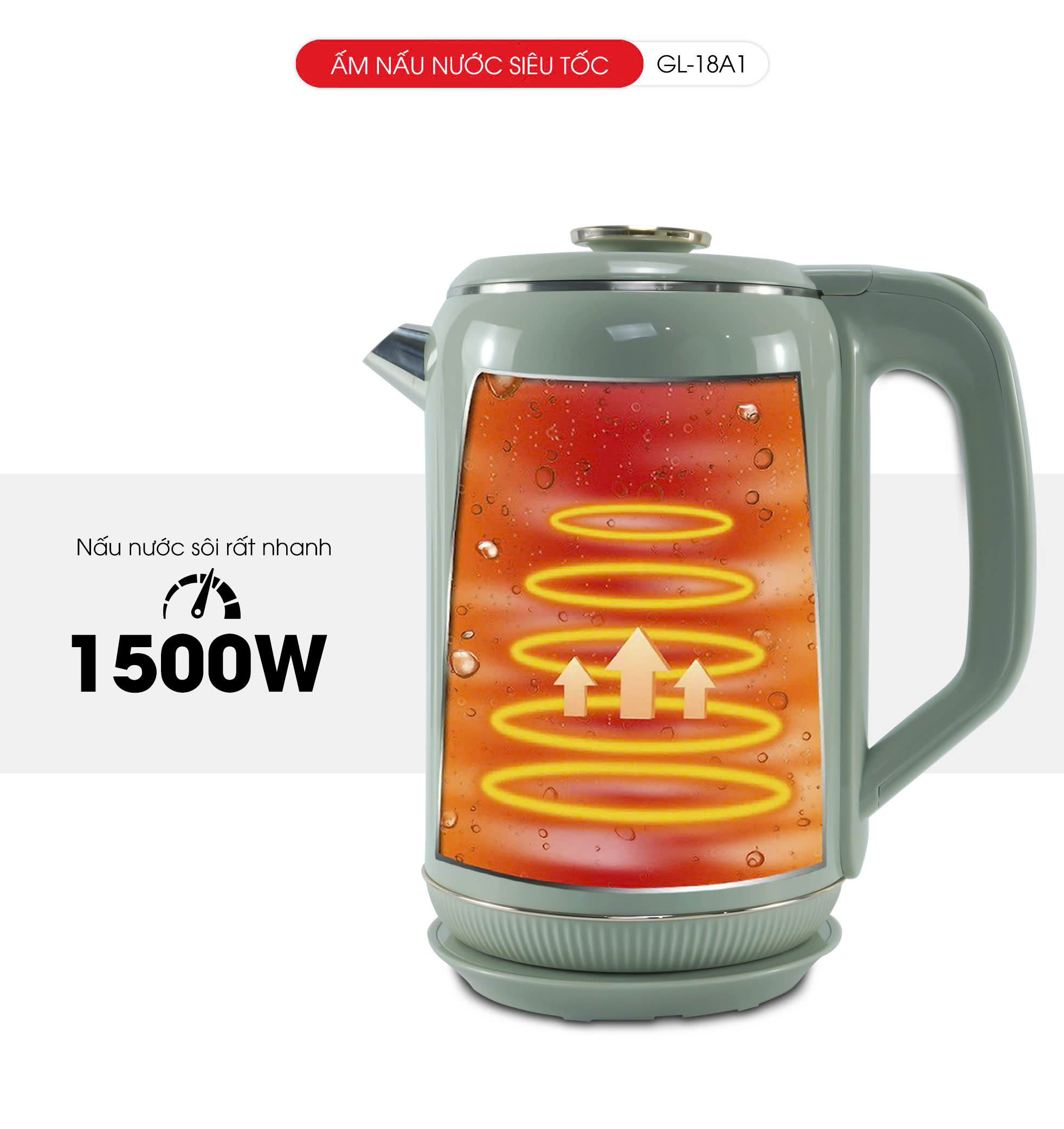 Ấm Siêu Tốc GALI GL-18A1, dung tích 1.8 Lít. thiết kế 2 lớp chống nóng. Hàng chính hãng bảo hành 24 tháng