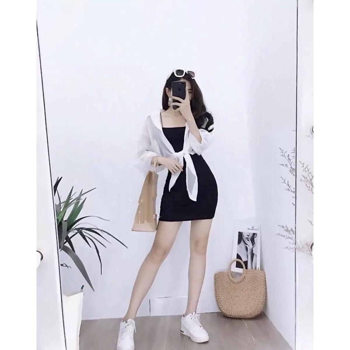 SET ĐẦM NỮ KÈM ÁO KHOÁC SƠ MI - THUN CO GIÃN ÔM BODY HAI DÂY BASIC TRƠN KIỂU HÀN QUỐC HOT GIRL 07 - Đầm tím-sơmi trắng