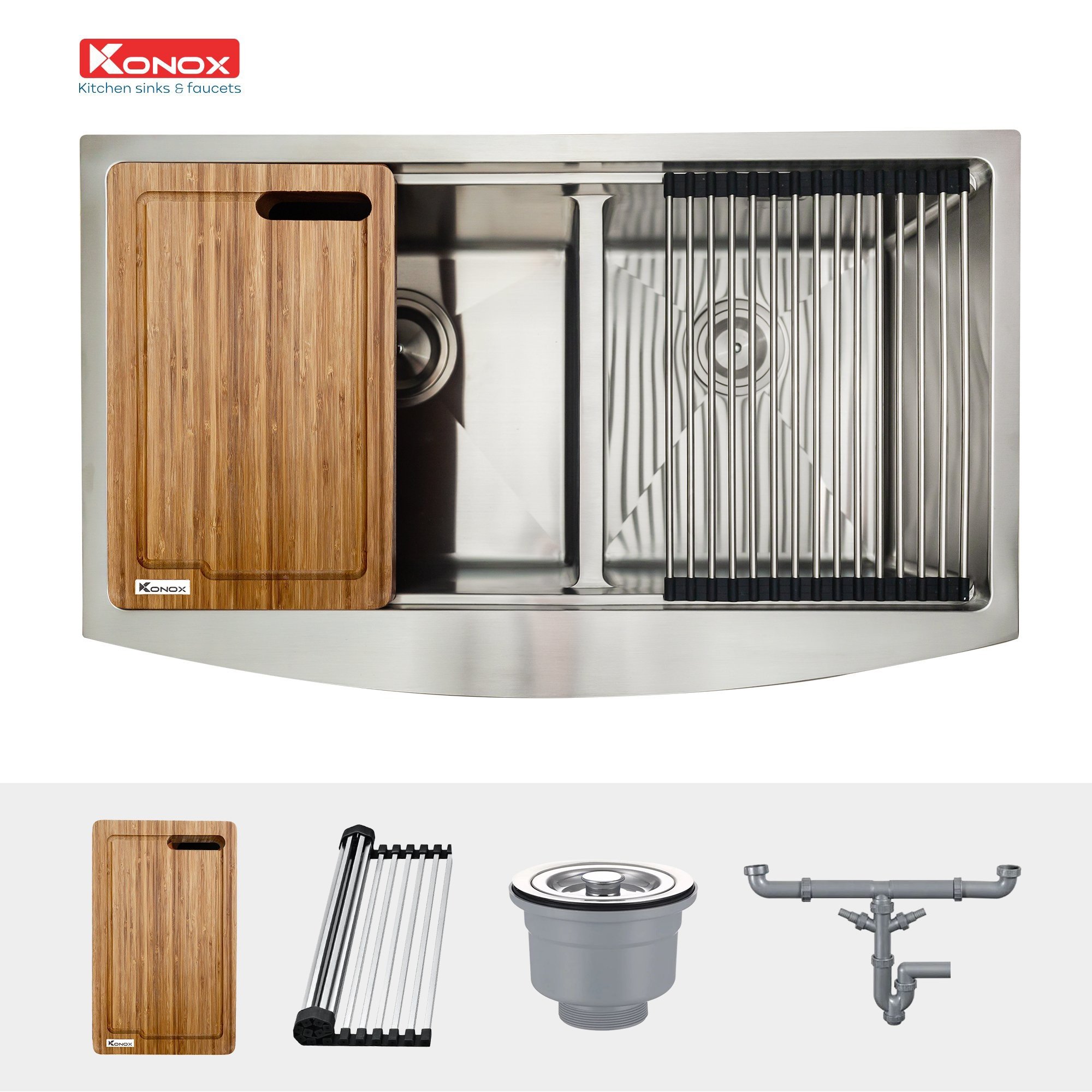 Chậu rửa bát Konox, Apron Series, Model KN8450DA , Inox 304AISI tiêu chuẩn châu Âu, Hạ bậc tích hợp, 840x505x220(mm), Hàng chính hãng