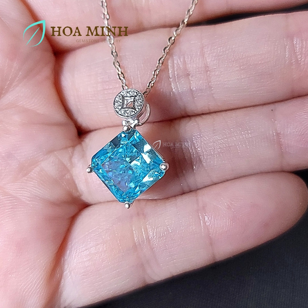 Mặt dây chuyền xoàn Nam Phi xanh biển aqua vuông size 10 li khoen kim tiền bạc nguyên chất