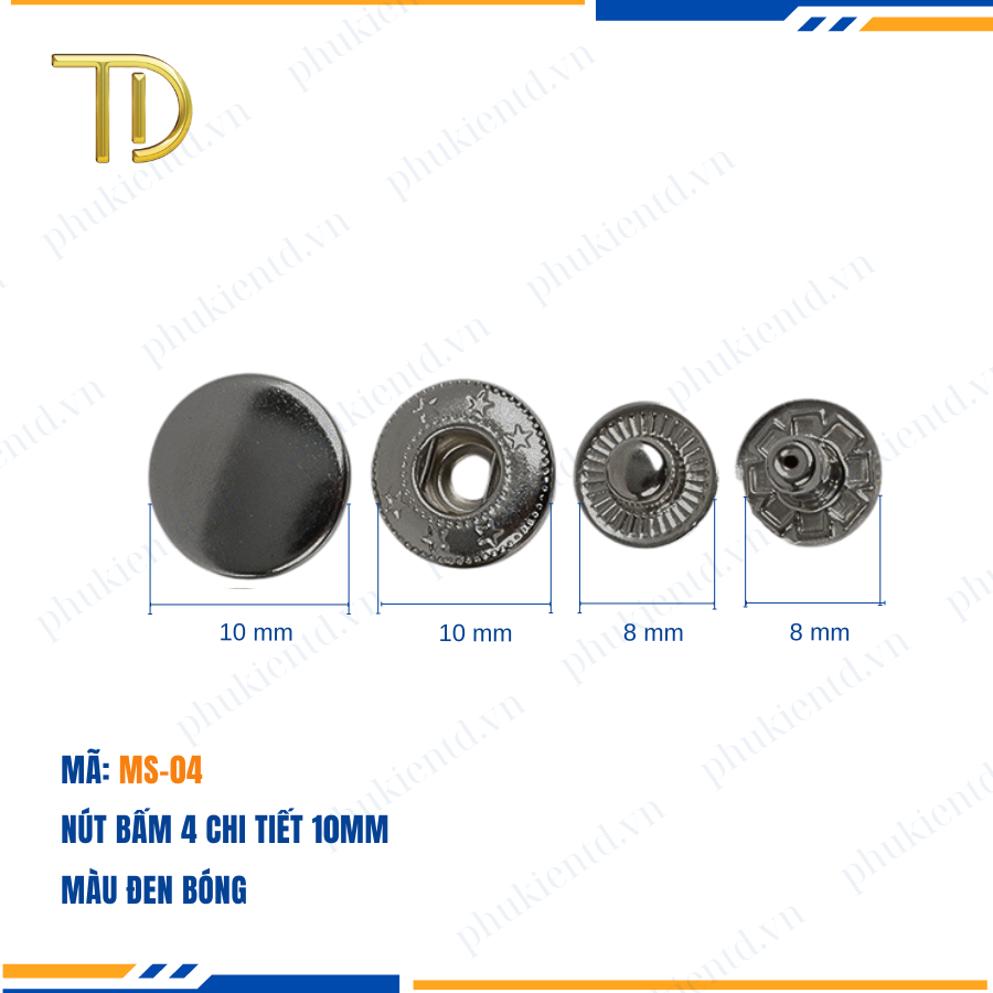 Nút bấm 4 chi tiết, nút bấm túi xách, cúc bấm túi xách 10mm, Mạ điện độ bền 5-8 năm