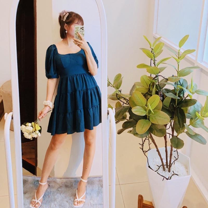 Đầm đi chơi dáng xoè ngắn màu xanh cổ vịt