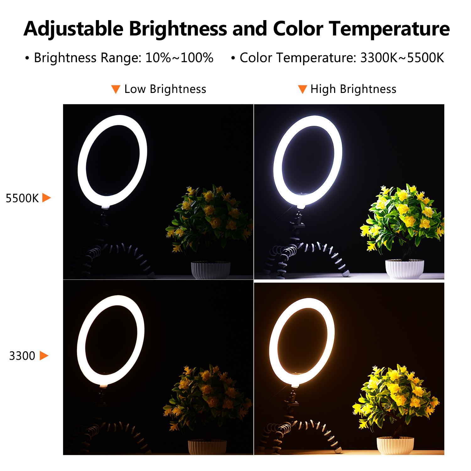 Bộ đèn vòng 10 inch / 26cm 3300K-5500K Đèn LED tự chụp có thể thay đổi 3 chế độ chiếu sáng + Chân máy bạch tuộc linh hoạt
