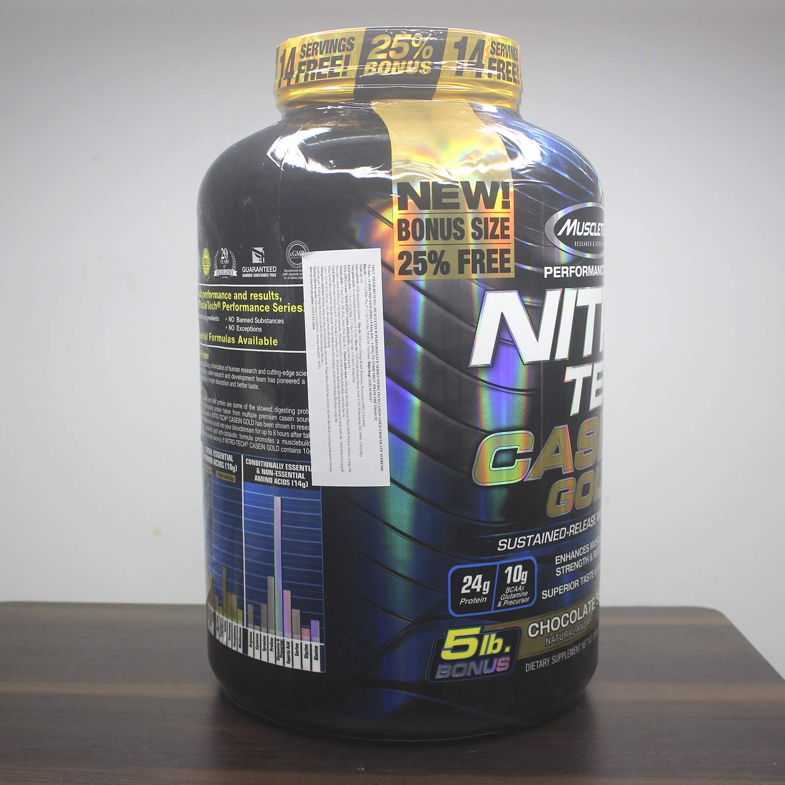 Combo Sữa tăng cơ NitroTech Casein Gold của MuscleTech hộp 71 lần dùng hỗ trợ duy trì protein cho cơ suốt 8 tiếng & Bình INOX 739ml (Mẫu ngẫu nhiên)