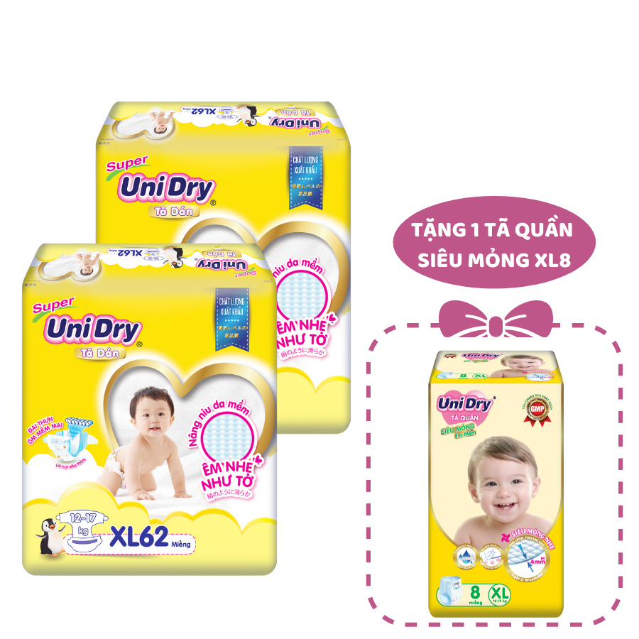 Combo 2 Tã Dán UniDry Gói Cực Đại size XL62 (62 miếng) - Tặng 1 Tã Quần Siêu Mỏng UniDry Ultrathin XL8