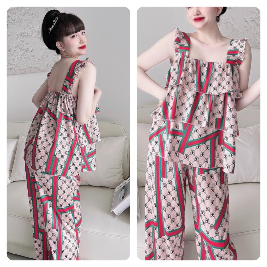 Đồ Bộ Bigisze Nữ, Đồ Ngủ, Đồ Mặc Nhà 2 Dây Nữ lụa xước ánh kim tầng, có túi quần, freesize 45-70kg, tuỳ chiều cao
