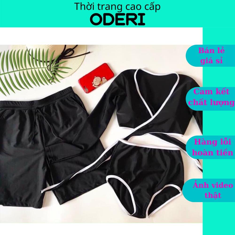 Bikini , Cuple Đôi Nam Nữ ÁO CHÉO Tay Dài Đen Viền Trắng- Quần Nam Lưng Trắng Rẻ Đẹp HM-058
