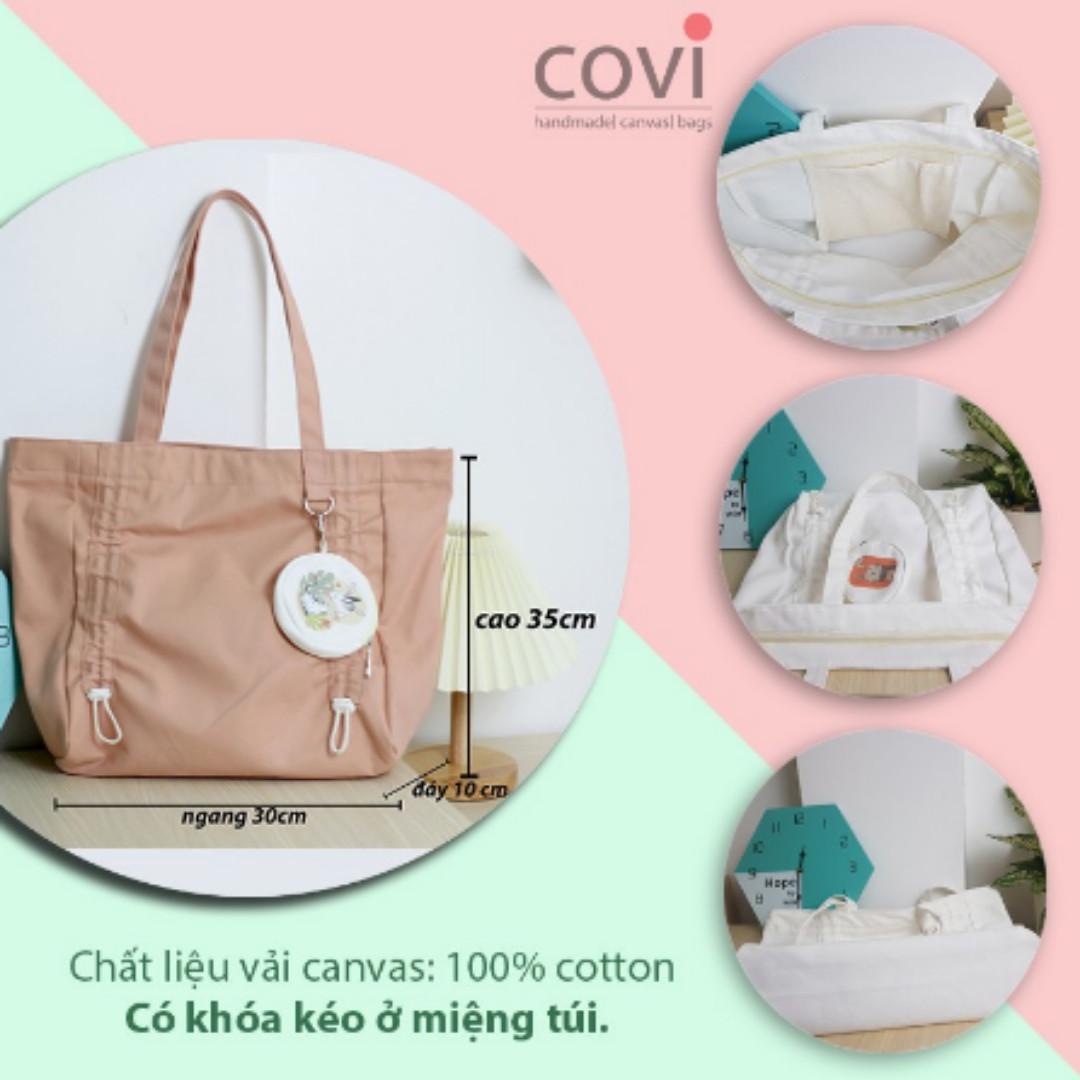Túi tote vải canvas phom ngang phối dây rút trước và túi tròn in hình thời trang COVI nhều màu sắc T2