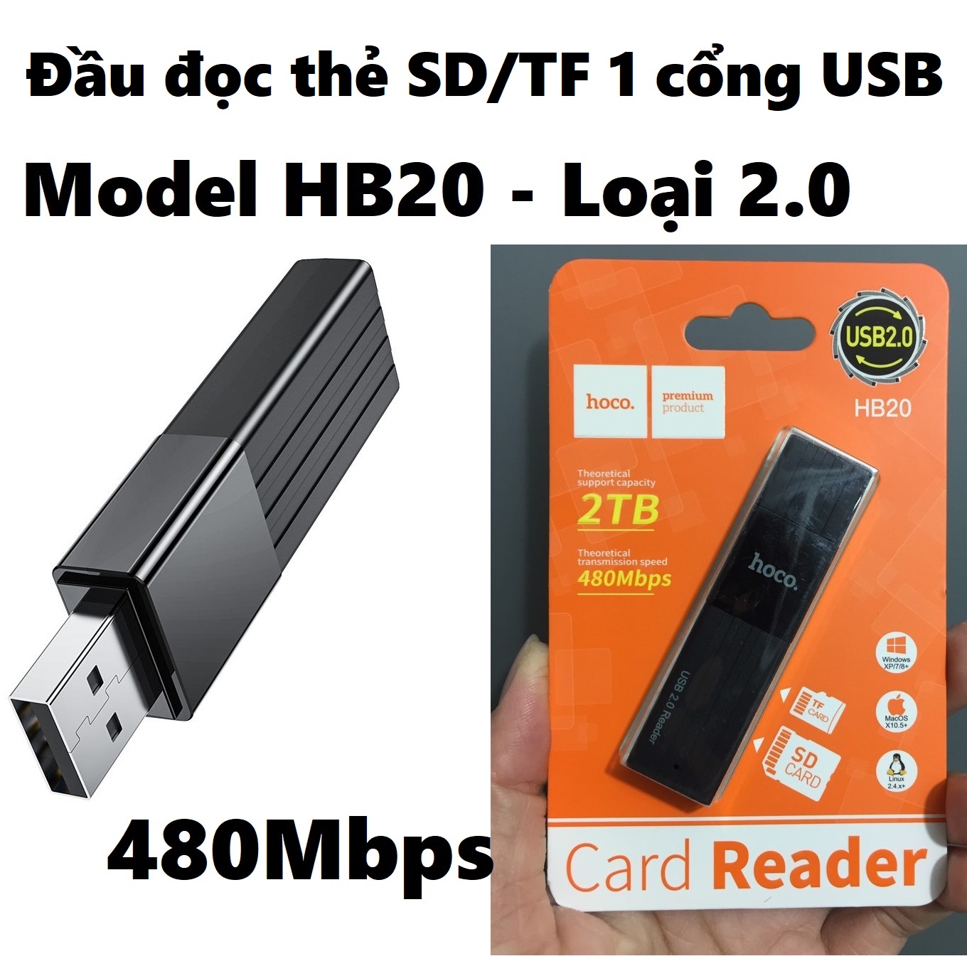 Đầu đọc thẻ nhớ SD / TF chuẩn 3.0 cho laptop  hoco HB20 - Hàng chính hãng