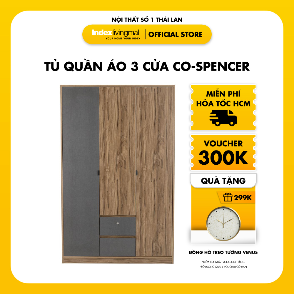 [ Miễn Phí Vận Chuyển &amp; Lắp Đặt ] Tủ Quần Áo 3 Cửa 1M2 Đi Kèm 2 Ngăn Kéo Có Khóa Màu Gỗ Đậm Kết Hợp Xám Sang Trọng | Index Living Mall | Nội Thất Nhập Khẩu Thái Lan - Phân Phối Độc Quyền Tại Việt Nam