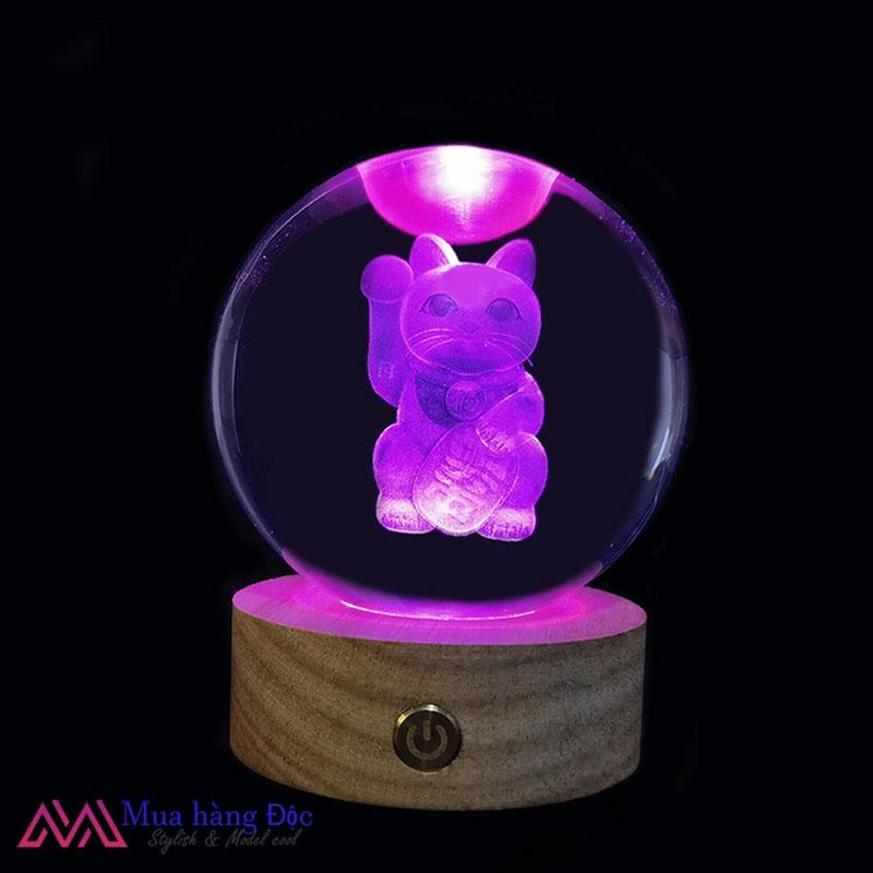 Bộ Quà Tặng Quả Cầu Pha Lê 3D larser LED Mèo Thần Tài 6cm