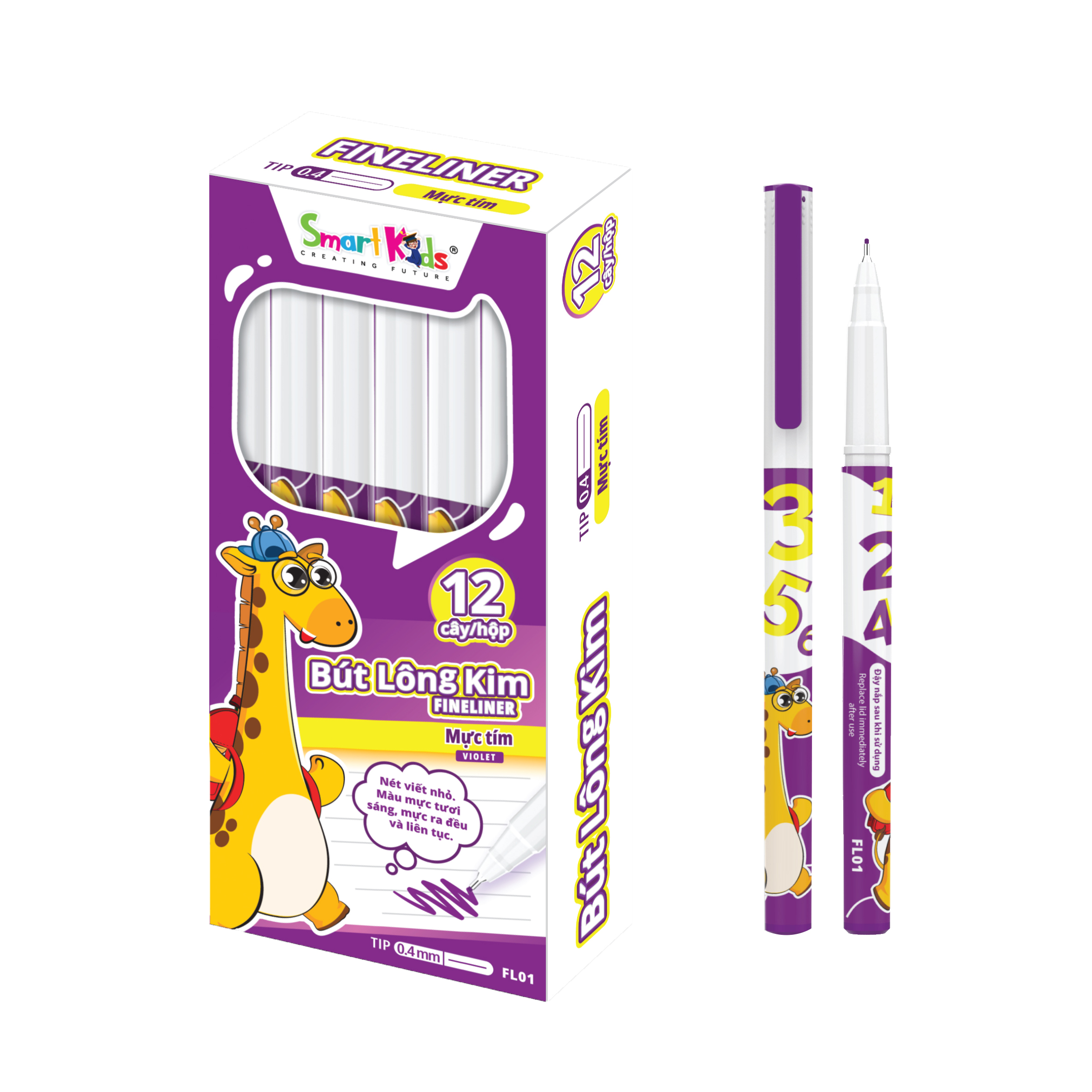 Bút lông kim Smartkids Fineliner Gira mực tím 0.4mm FL01 dành cho học sinh tiểu học (hộp 12 cây)