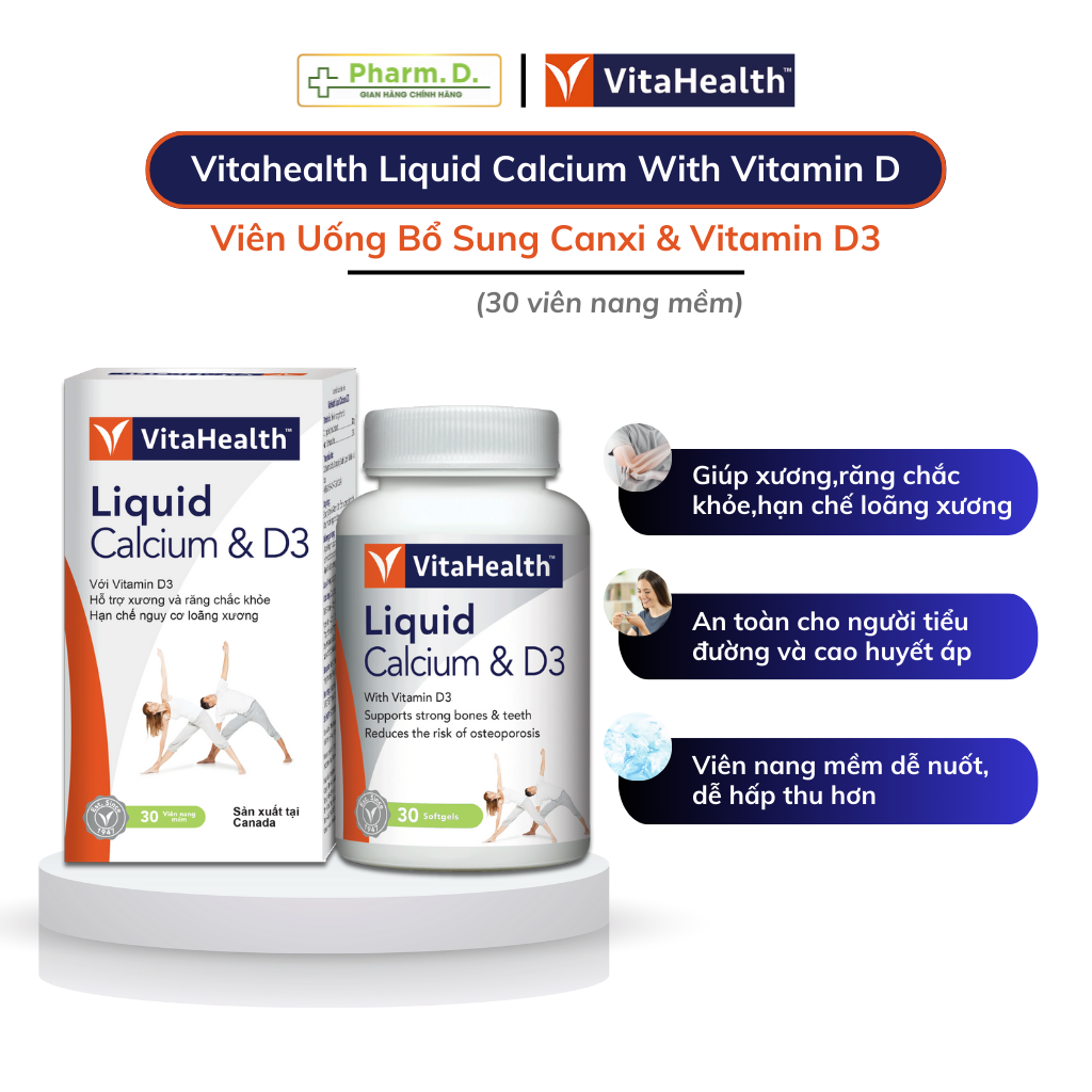 Viên Uống Bổ Sung Canxi Và D3 Giảm Nguy Cơ Loãng Xương VITAHEALTH Liquid Calcium With Vitamin D (30 Viên)
