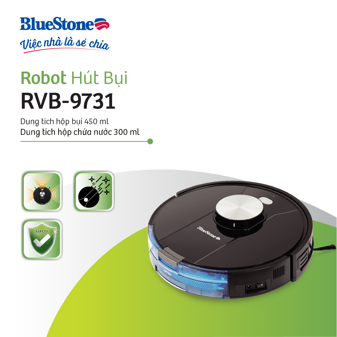 Robot Hút Bụi Lau Nhà BlueStone RVB-9731 - Lực hút: 2000Pa - Bảo hành 24 tháng - Hàng chính hãng